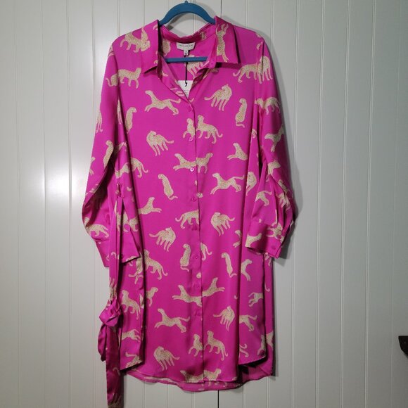 NWT Skies are Blue Curvy Pink Animal Cheetah Print Button Down Satin Shirt Dress - Picture 5 of 13